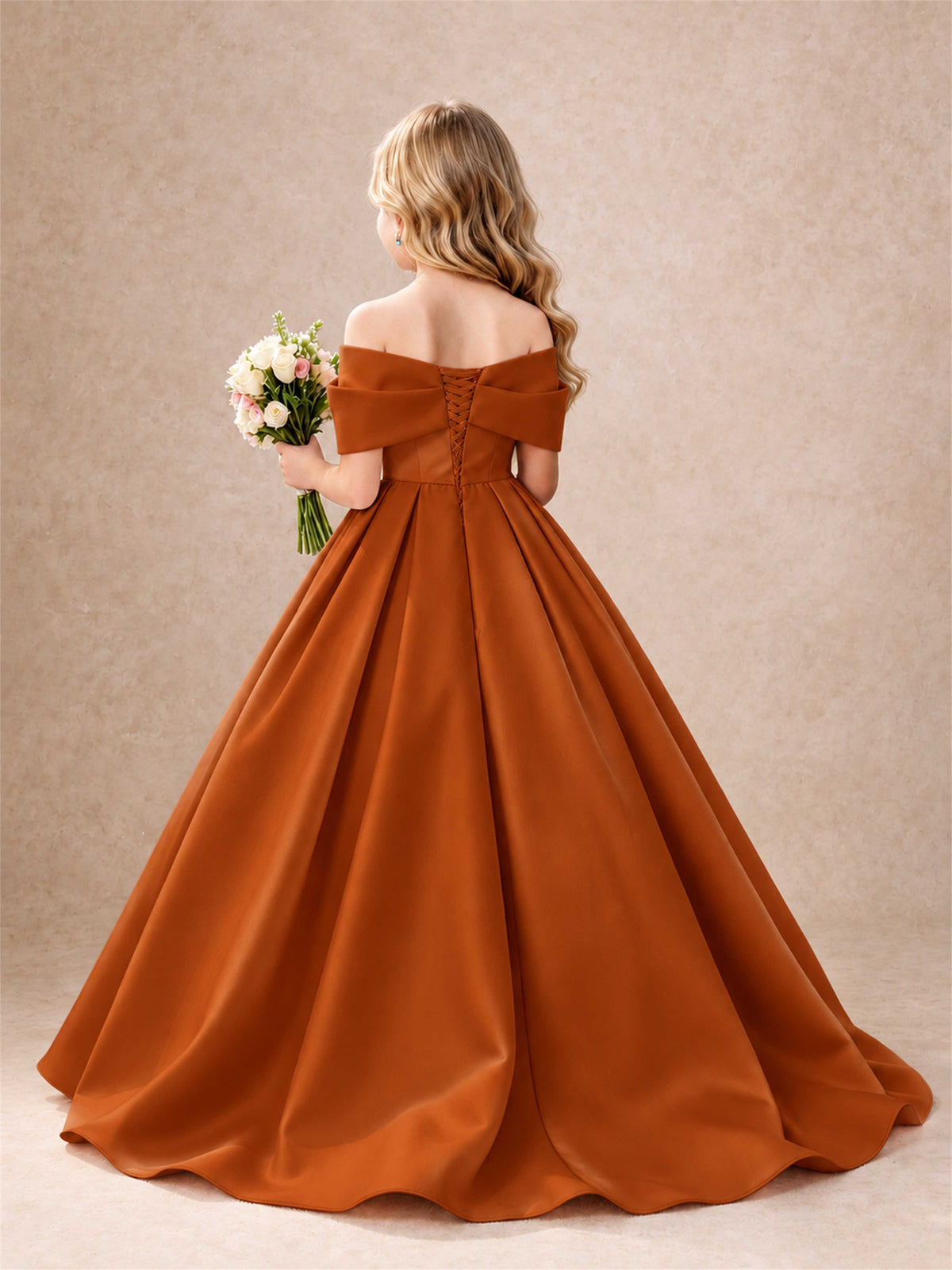 Off Shoulder Satin Flower Girl Dress Bow Detail Ball Gown for Wedding Pageant