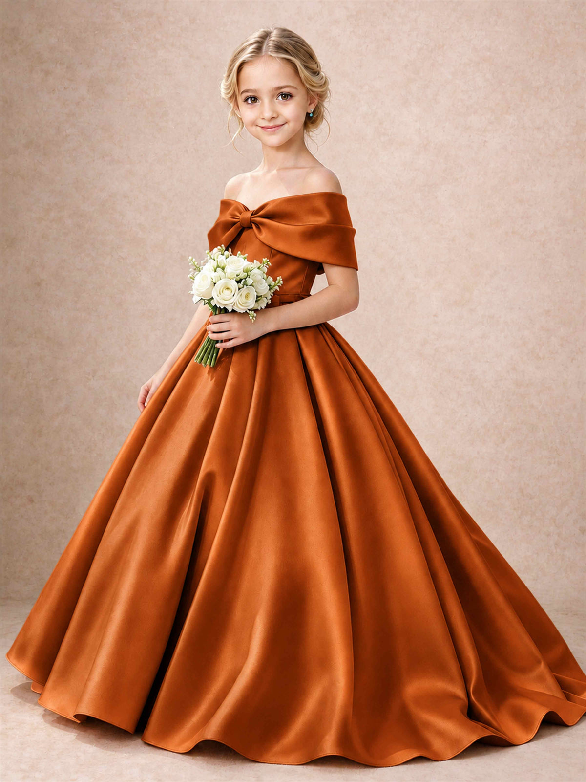 Off Shoulder Satin Flower Girl Dress Bow Detail Ball Gown for Wedding Pageant