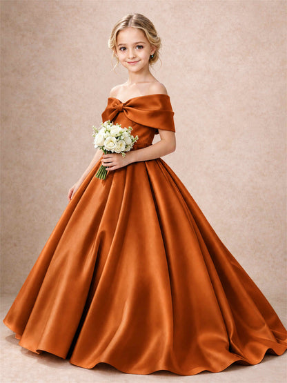 Off Shoulder Satin Flower Girl Dress Bow Detail Ball Gown for Wedding Pageant