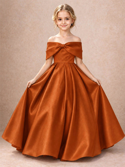 Off Shoulder Satin Flower Girl Dress Bow Detail Ball Gown for Wedding Pageant