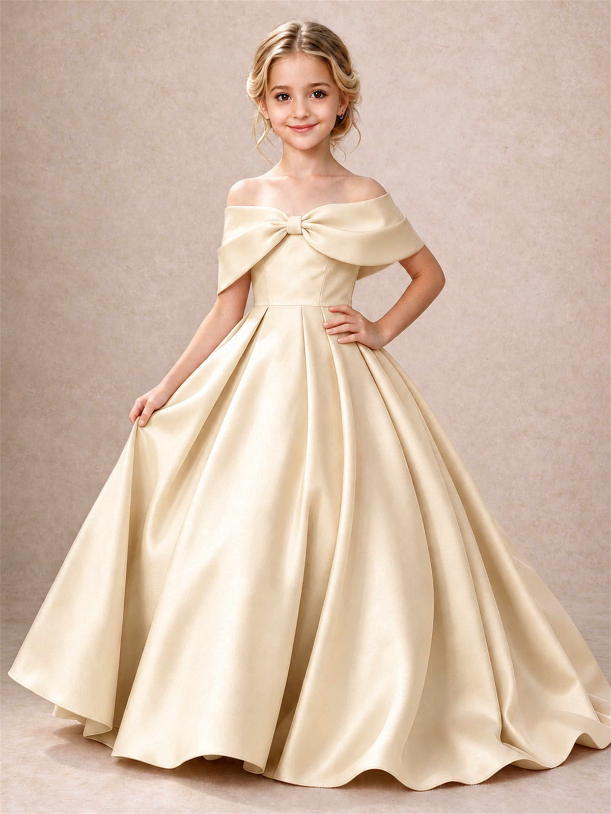Off Shoulder Satin Flower Girl Dress Bow Detail Ball Gown for Wedding Pageant
