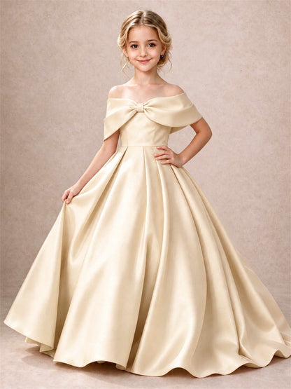 Off Shoulder Satin Flower Girl Dress Bow Detail Ball Gown for Wedding Pageant