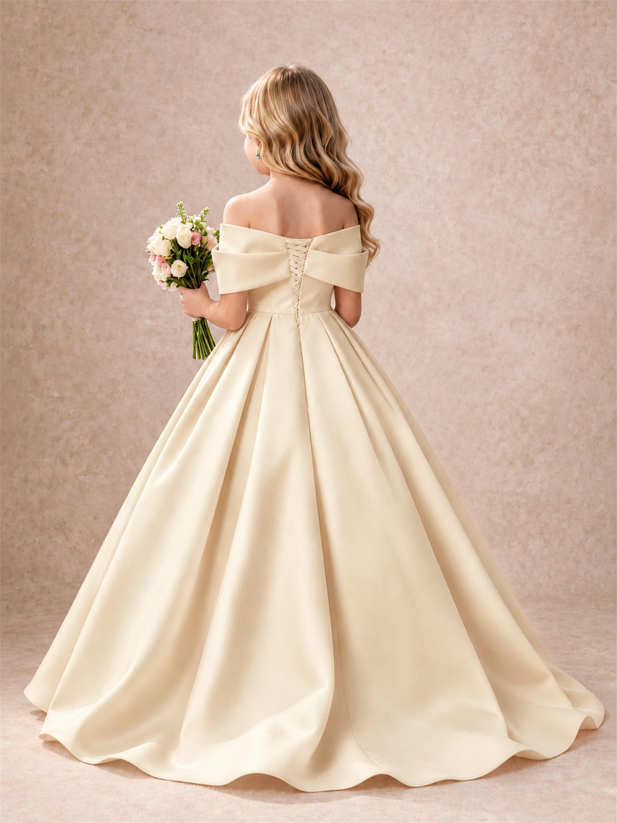 Off Shoulder Satin Flower Girl Dress Bow Detail Ball Gown for Wedding Pageant