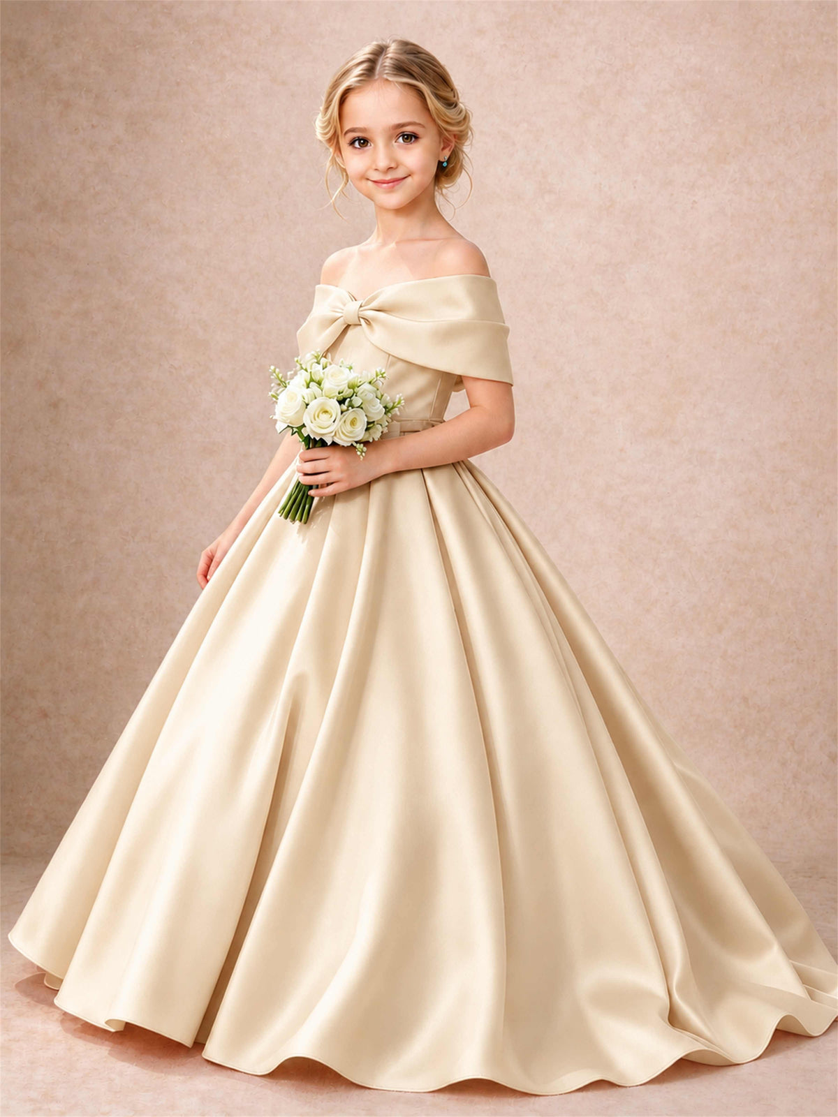 Off Shoulder Satin Flower Girl Dress Bow Detail Ball Gown for Wedding Pageant