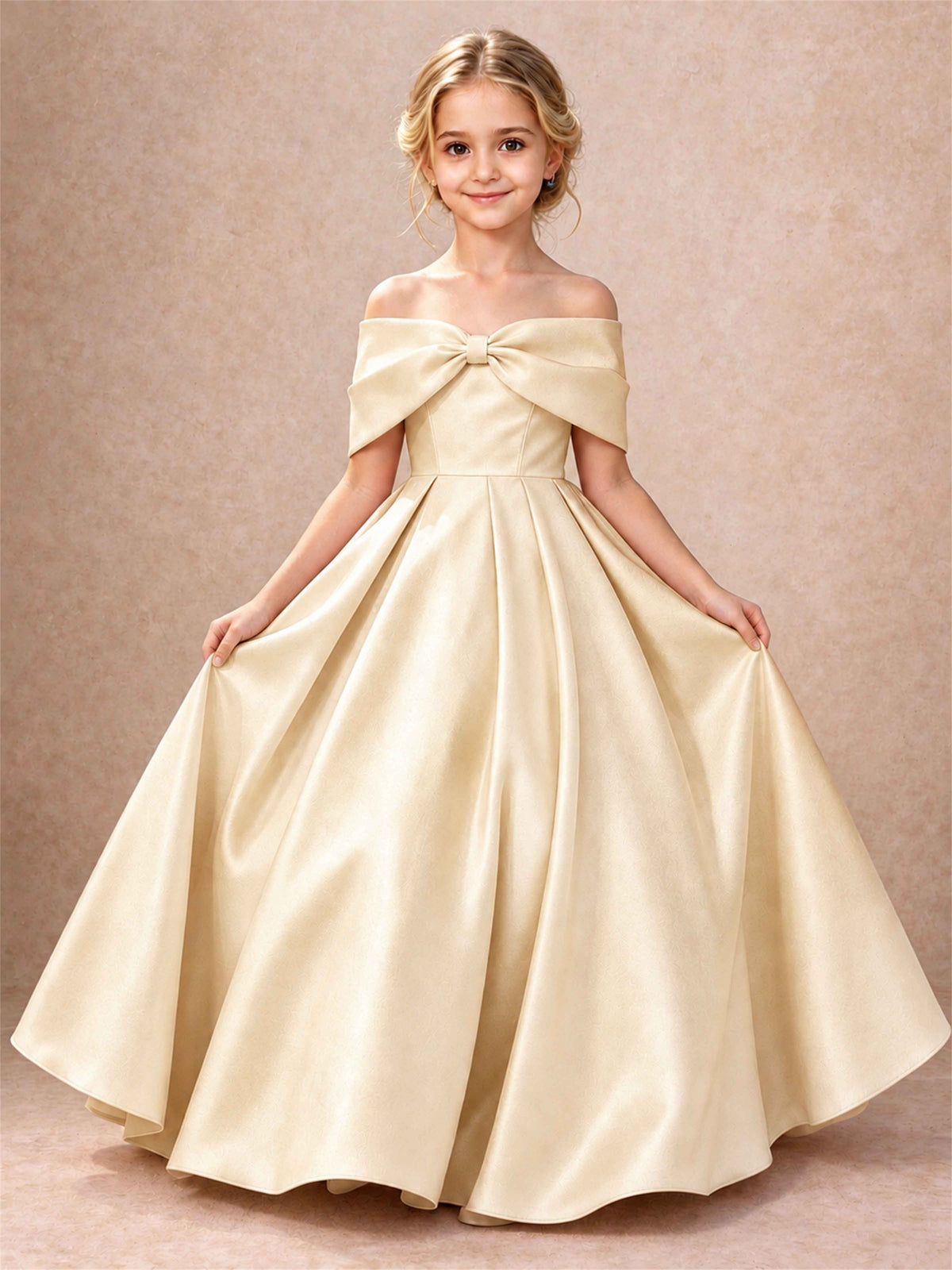 Off Shoulder Satin Flower Girl Dress Bow Detail Ball Gown for Wedding Pageant