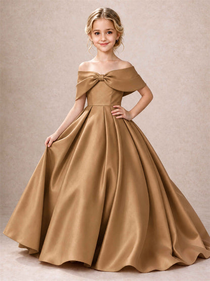 Off Shoulder Satin Flower Girl Dress Bow Detail Ball Gown for Wedding Pageant
