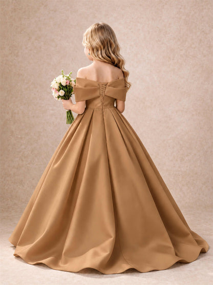 Off Shoulder Satin Flower Girl Dress Bow Detail Ball Gown for Wedding Pageant