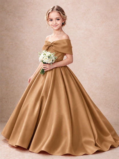 Off Shoulder Satin Flower Girl Dress Bow Detail Ball Gown for Wedding Pageant