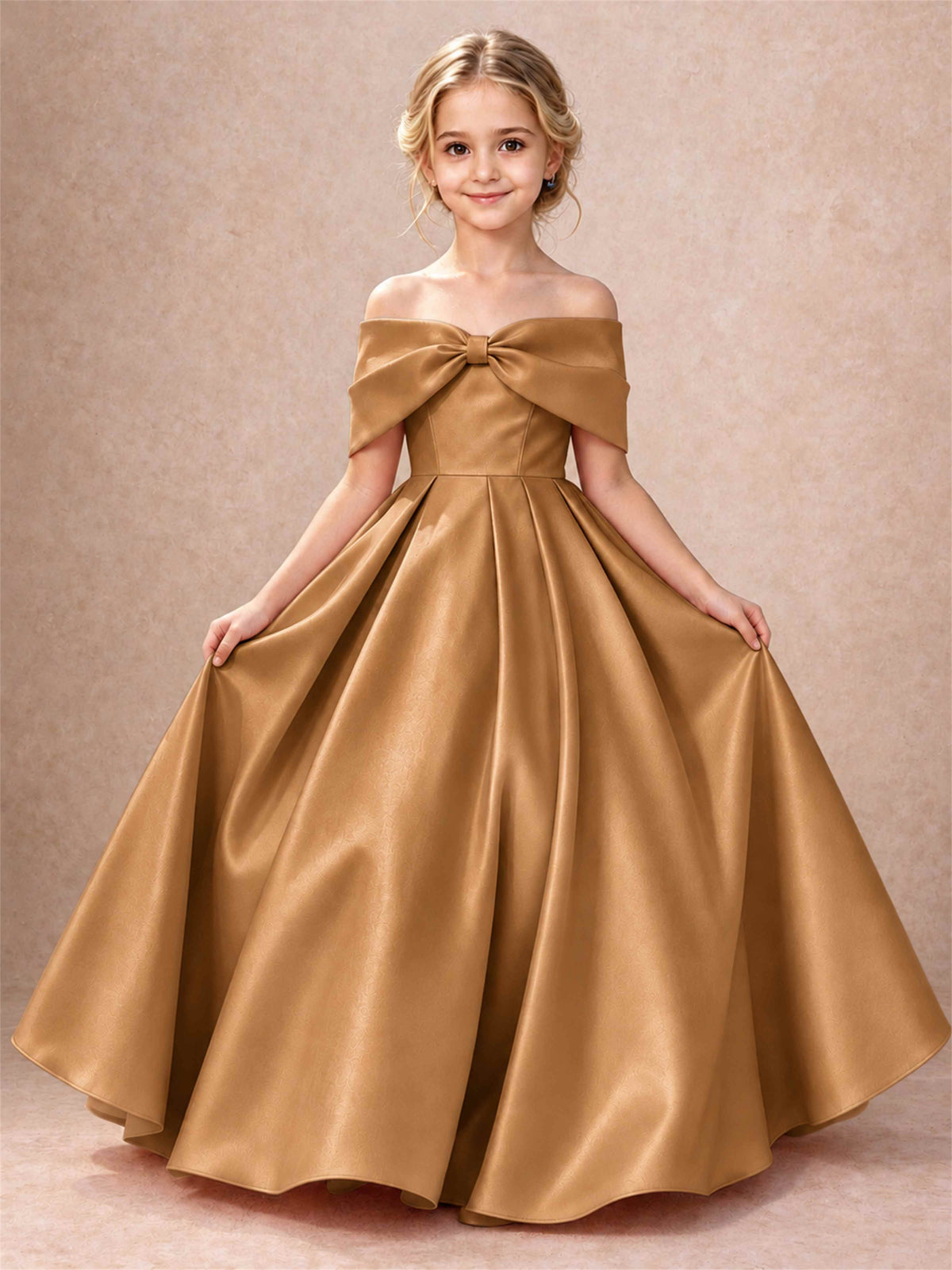 Off Shoulder Satin Flower Girl Dress Bow Detail Ball Gown for Wedding Pageant
