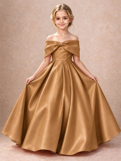 Off Shoulder Satin Flower Girl Dress Bow Detail Ball Gown for Wedding Pageant