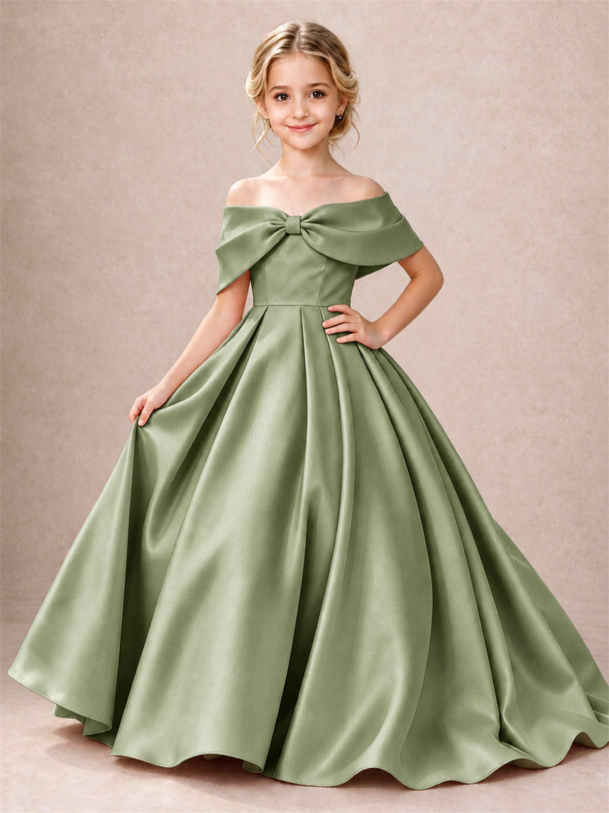 Off Shoulder Satin Flower Girl Dress Bow Detail Ball Gown for Wedding Pageant