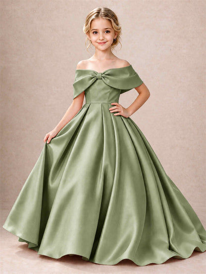 Off Shoulder Satin Flower Girl Dress Bow Detail Ball Gown for Wedding Pageant