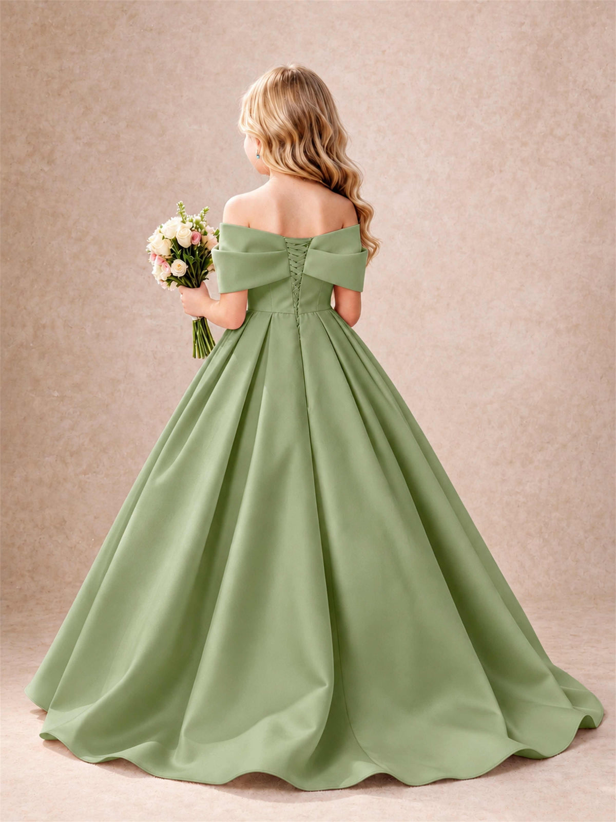 Off Shoulder Satin Flower Girl Dress Bow Detail Ball Gown for Wedding Pageant