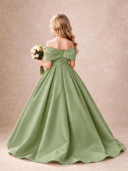 Off Shoulder Satin Flower Girl Dress Bow Detail Ball Gown for Wedding Pageant