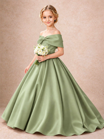 Off Shoulder Satin Flower Girl Dress Bow Detail Ball Gown for Wedding Pageant