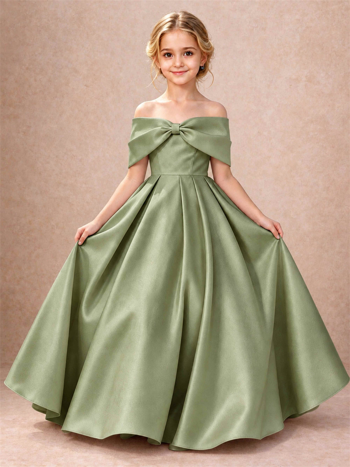 Off Shoulder Satin Flower Girl Dress Bow Detail Ball Gown for Wedding Pageant