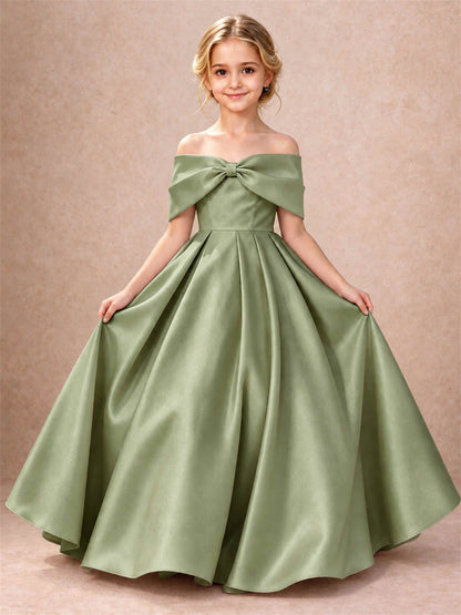 Off Shoulder Satin Flower Girl Dress Bow Detail Ball Gown for Wedding Pageant