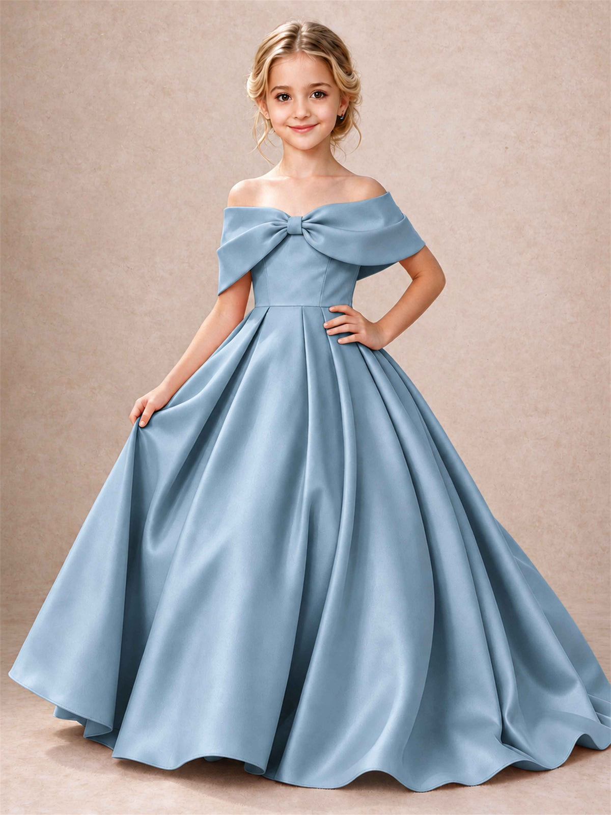 Off Shoulder Satin Flower Girl Dress Bow Detail Ball Gown for Wedding Pageant