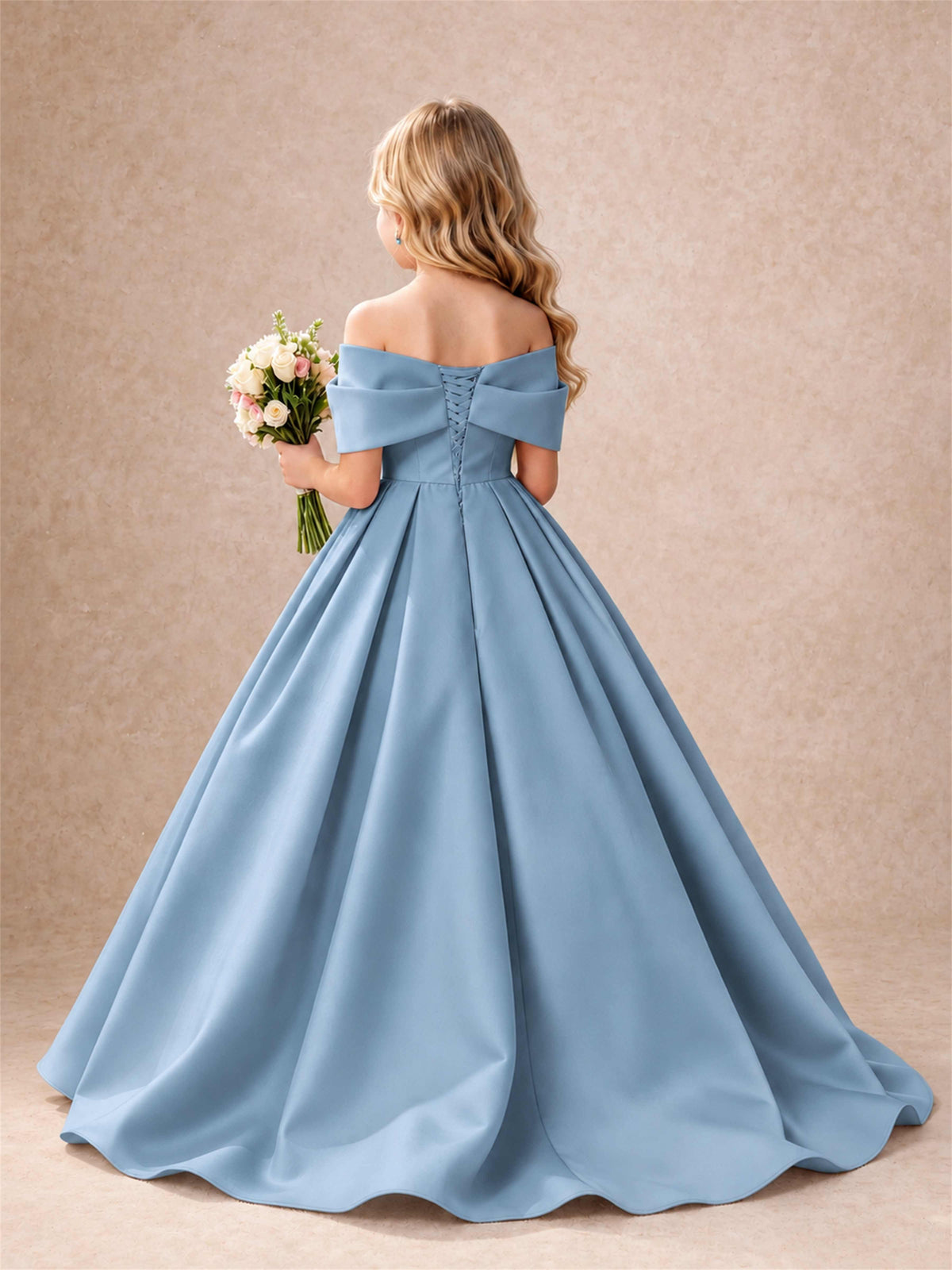 Off Shoulder Satin Flower Girl Dress Bow Detail Ball Gown for Wedding Pageant