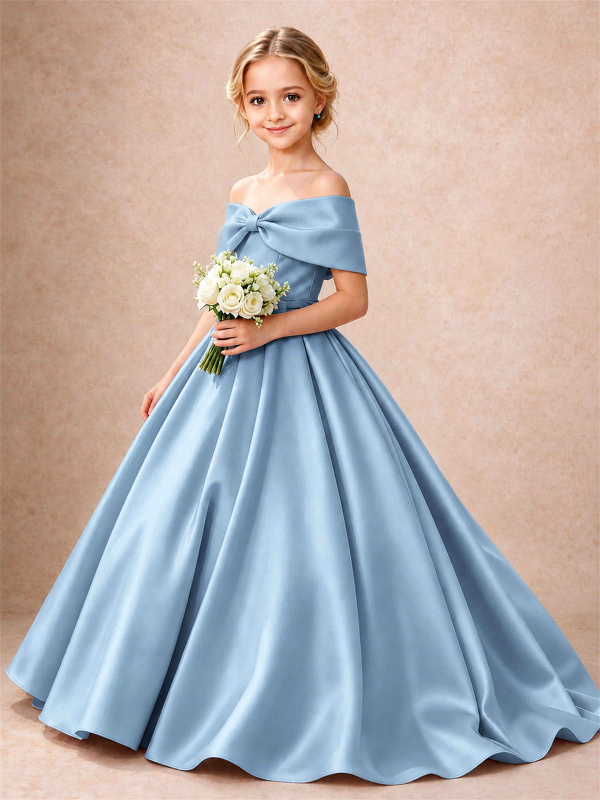 Off Shoulder Satin Flower Girl Dress Bow Detail Ball Gown for Wedding Pageant