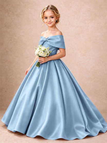 Off Shoulder Satin Flower Girl Dress Bow Detail Ball Gown for Wedding Pageant