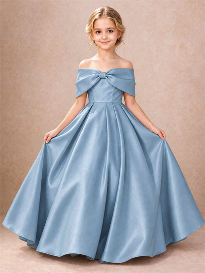 Off Shoulder Satin Flower Girl Dress Bow Detail Ball Gown for Wedding Pageant
