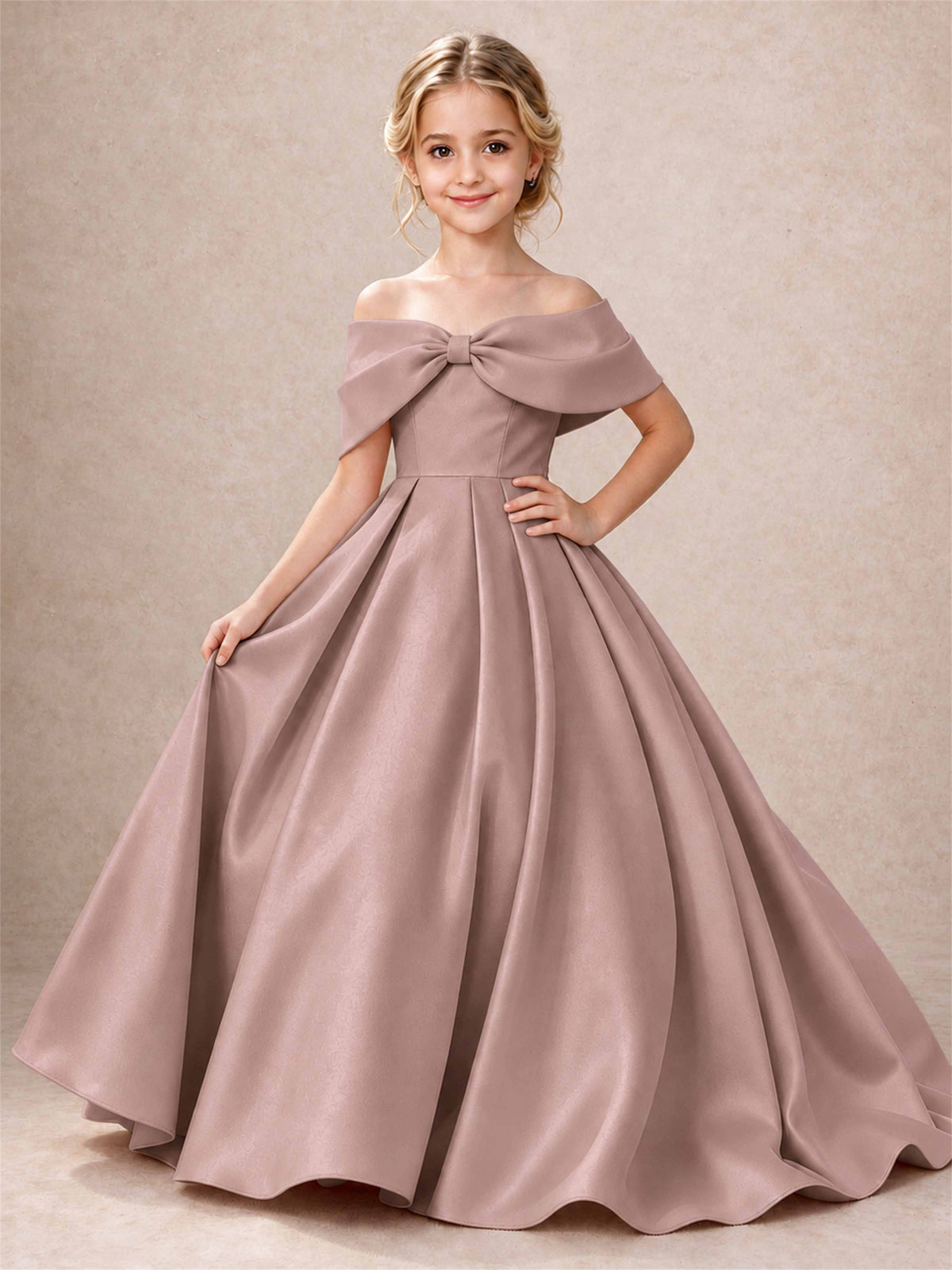 Off Shoulder Satin Flower Girl Dress Bow Detail Ball Gown for Wedding Pageant