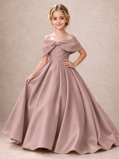 Off Shoulder Satin Flower Girl Dress Bow Detail Ball Gown for Wedding Pageant