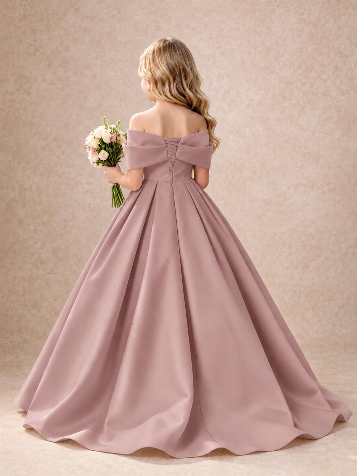 Off Shoulder Satin Flower Girl Dress Bow Detail Ball Gown for Wedding Pageant