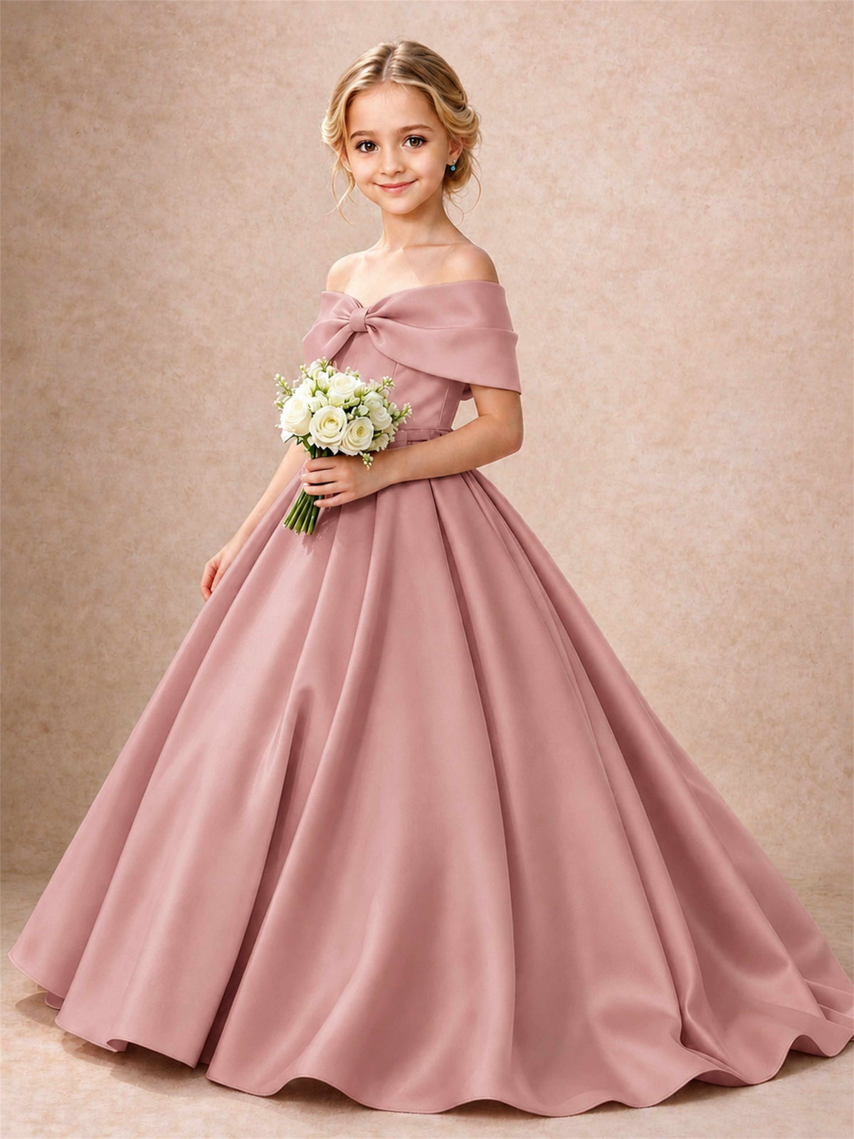 Off Shoulder Satin Flower Girl Dress Bow Detail Ball Gown for Wedding Pageant