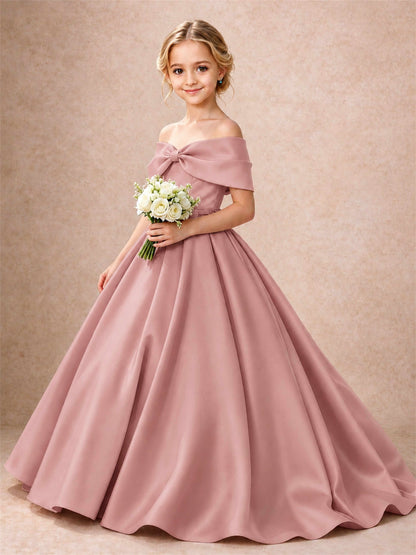 Off Shoulder Satin Flower Girl Dress Bow Detail Ball Gown for Wedding Pageant