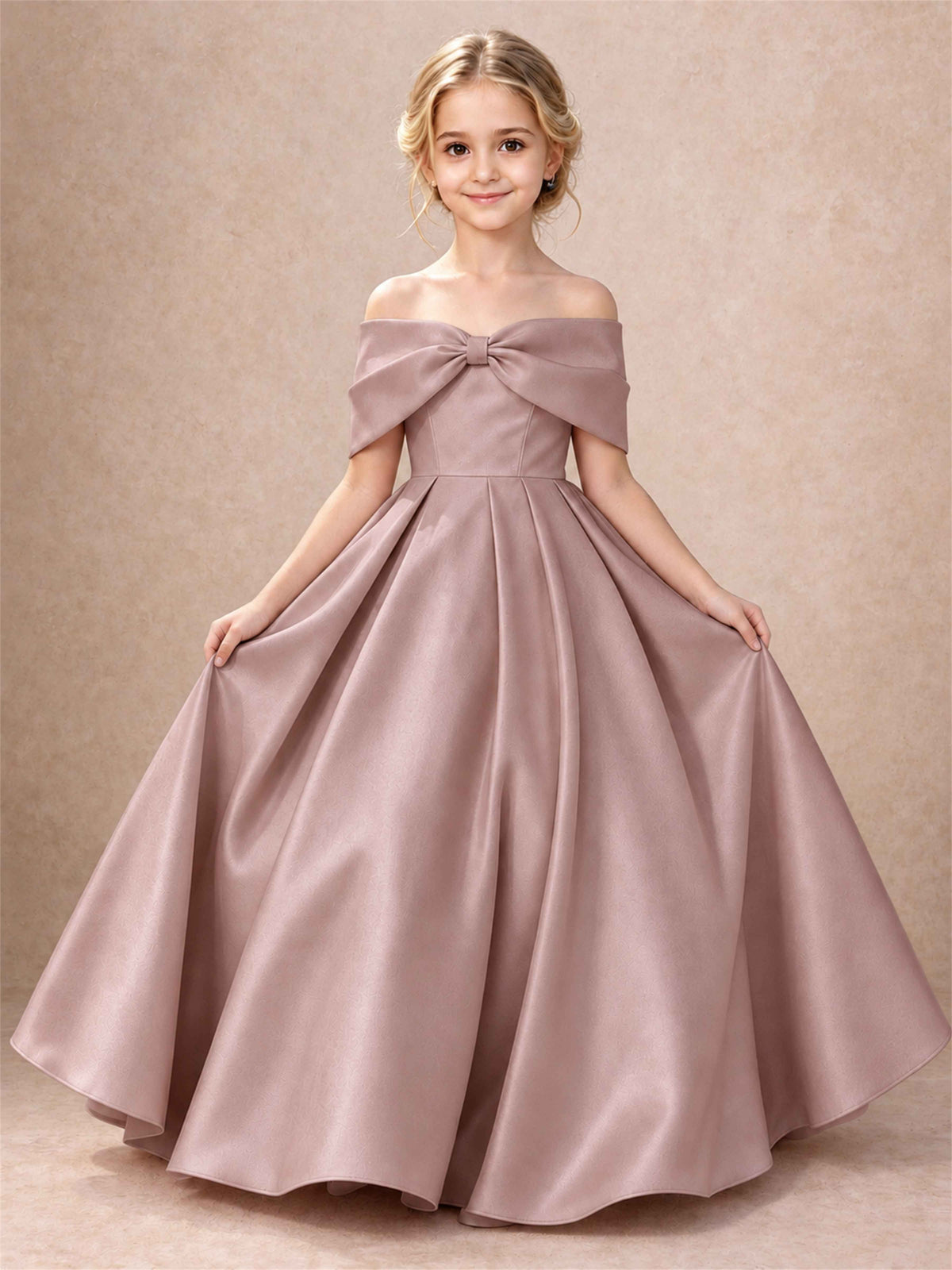 Off Shoulder Satin Flower Girl Dress Bow Detail Ball Gown for Wedding Pageant