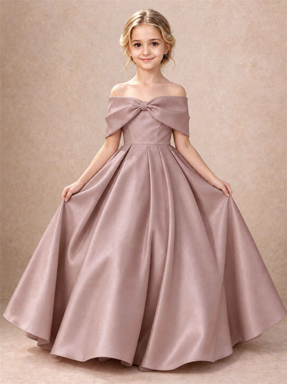Off Shoulder Satin Flower Girl Dress Bow Detail Ball Gown for Wedding Pageant