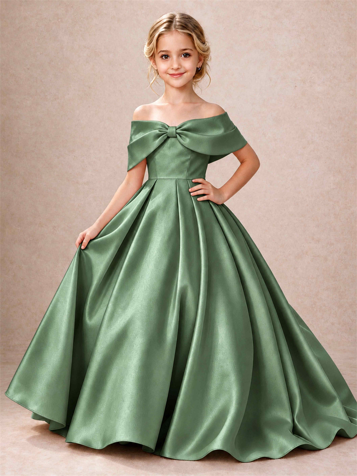 Off Shoulder Satin Flower Girl Dress Bow Detail Ball Gown for Wedding Pageant