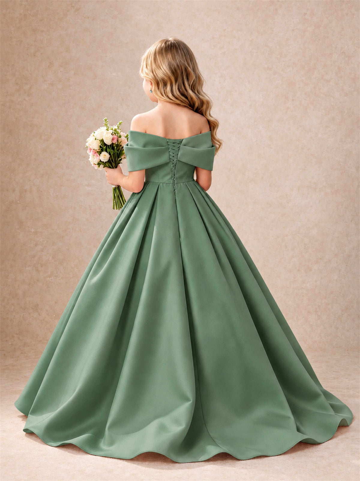 Off Shoulder Satin Flower Girl Dress Bow Detail Ball Gown for Wedding Pageant