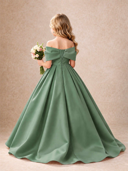 Off Shoulder Satin Flower Girl Dress Bow Detail Ball Gown for Wedding Pageant