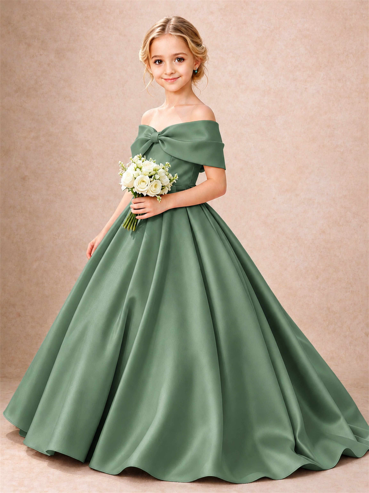 Off Shoulder Satin Flower Girl Dress Bow Detail Ball Gown for Wedding Pageant