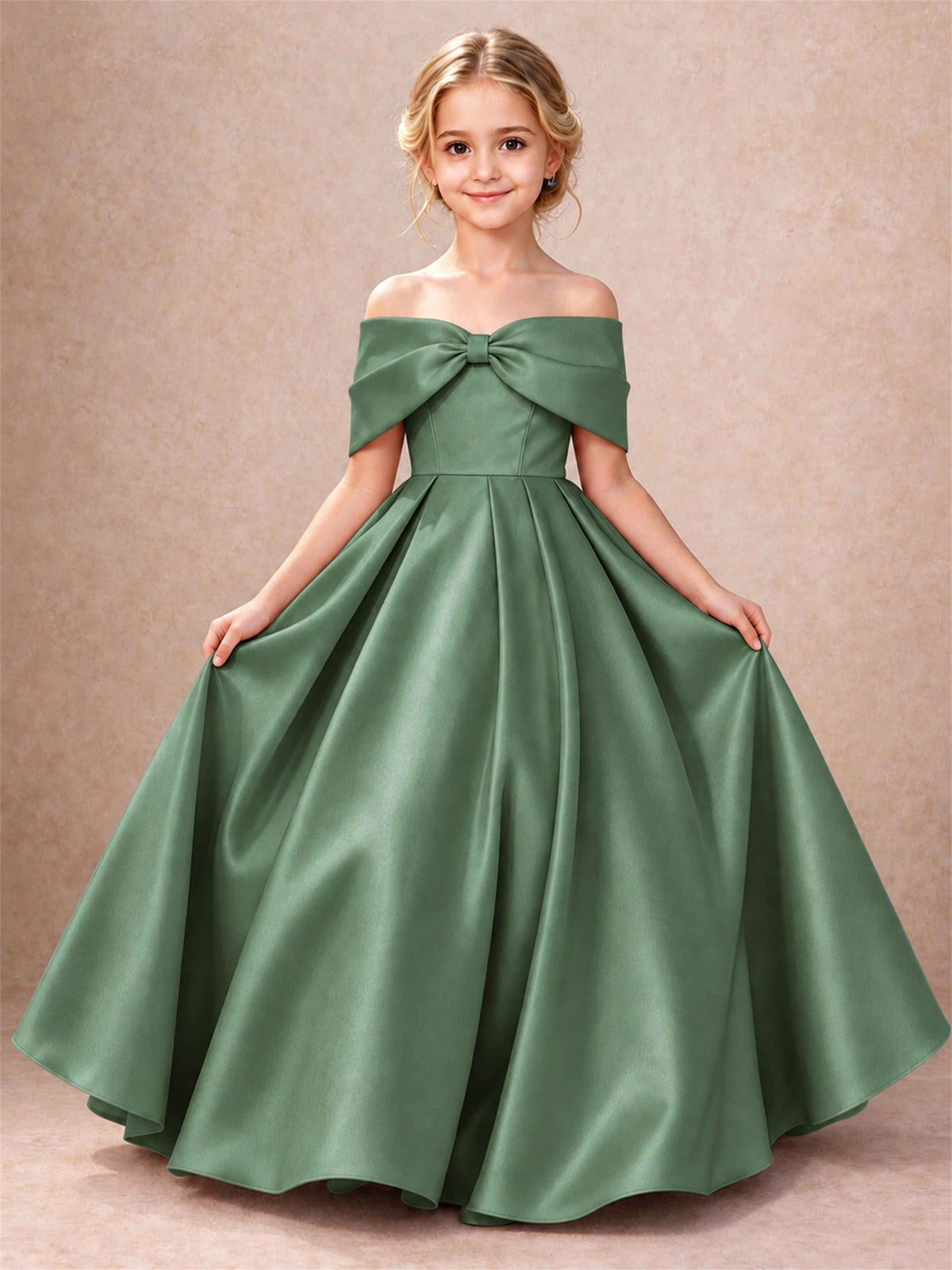 Off Shoulder Satin Flower Girl Dress Bow Detail Ball Gown for Wedding Pageant