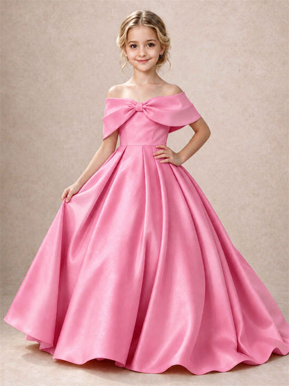 Off Shoulder Satin Flower Girl Dress Bow Detail Ball Gown for Wedding Pageant