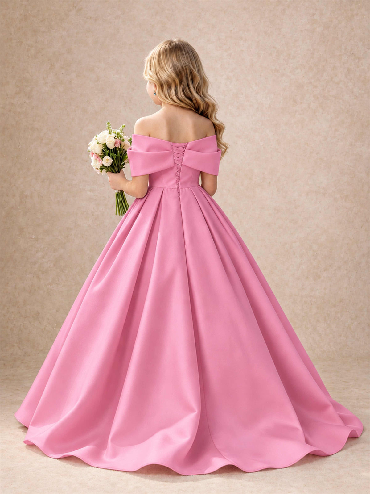 Off Shoulder Satin Flower Girl Dress Bow Detail Ball Gown for Wedding Pageant