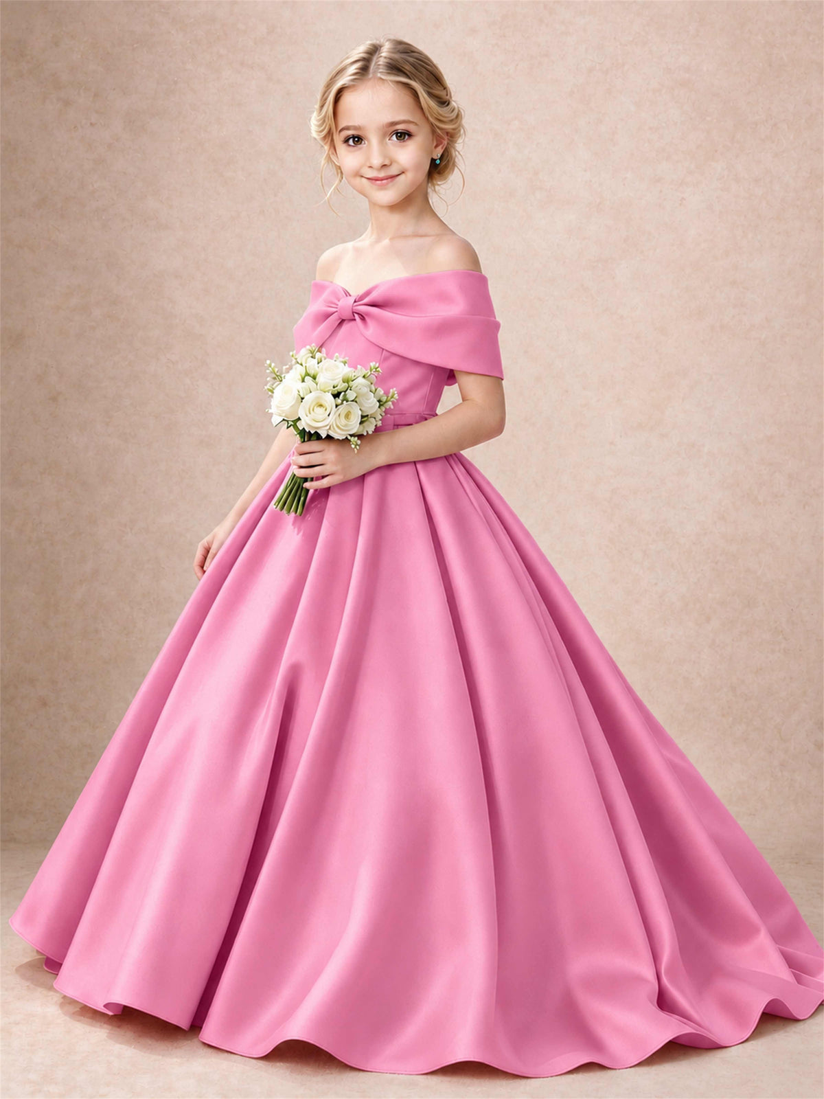 Off Shoulder Satin Flower Girl Dress Bow Detail Ball Gown for Wedding Pageant