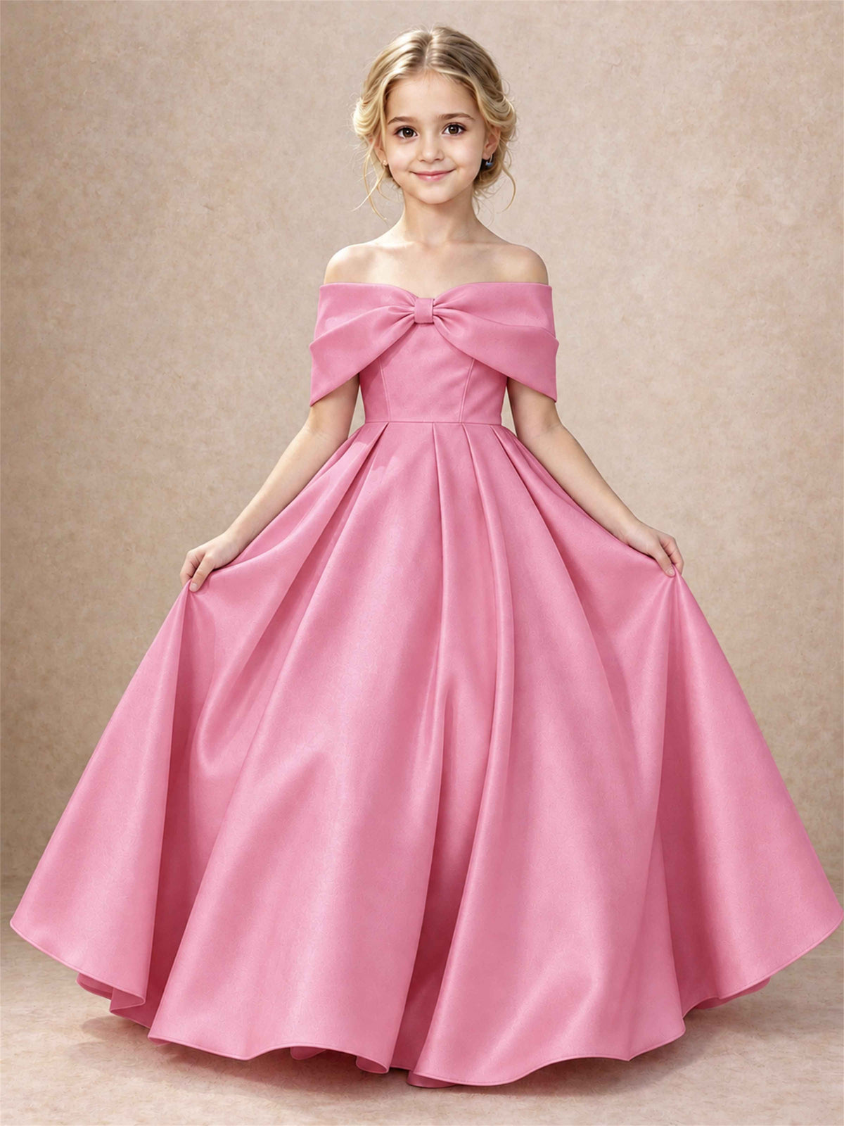 Off Shoulder Satin Flower Girl Dress Bow Detail Ball Gown for Wedding Pageant
