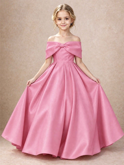 Off Shoulder Satin Flower Girl Dress Bow Detail Ball Gown for Wedding Pageant