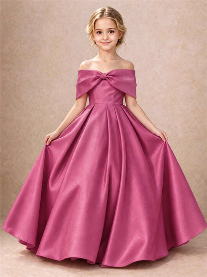 Off Shoulder Satin Flower Girl Dress Bow Detail Ball Gown for Wedding Pageant