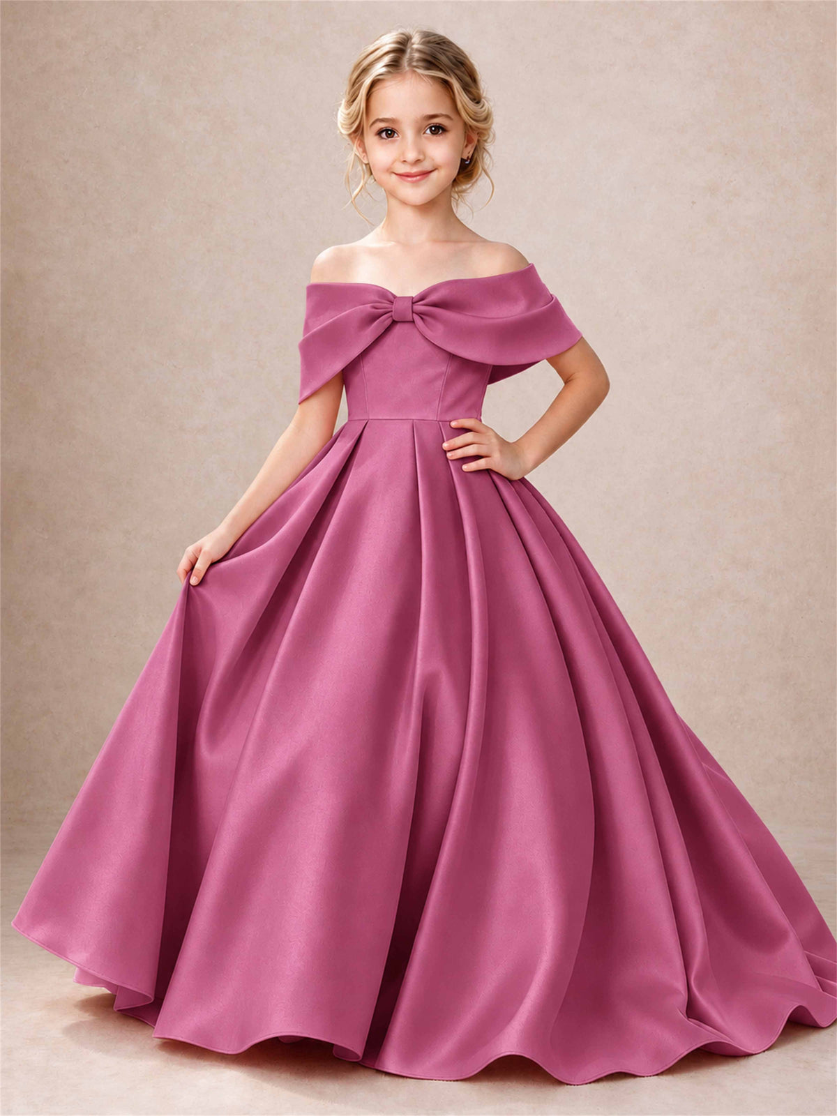 Off Shoulder Satin Flower Girl Dress Bow Detail Ball Gown for Wedding Pageant
