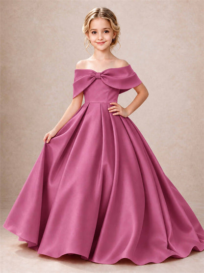 Off Shoulder Satin Flower Girl Dress Bow Detail Ball Gown for Wedding Pageant