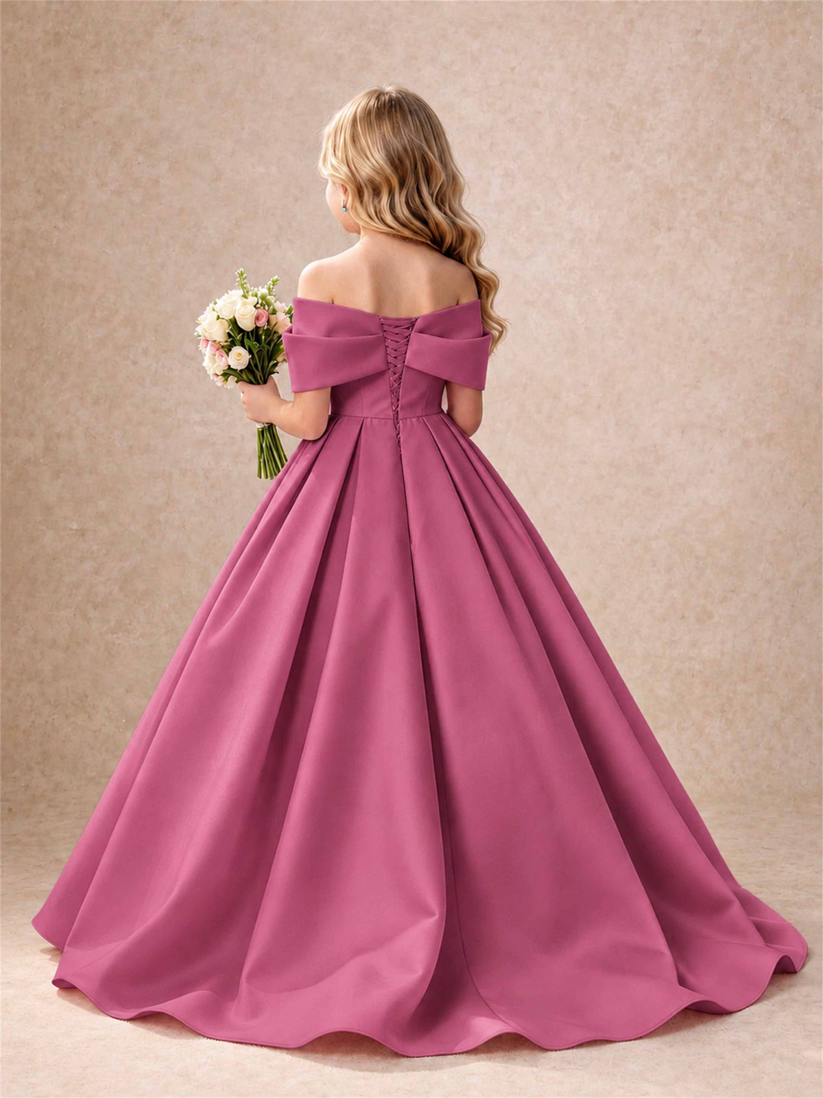 Off Shoulder Satin Flower Girl Dress Bow Detail Ball Gown for Wedding Pageant