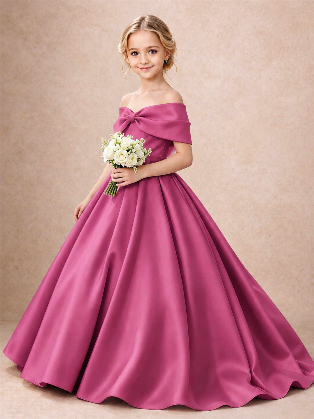 Off Shoulder Satin Flower Girl Dress Bow Detail Ball Gown for Wedding Pageant