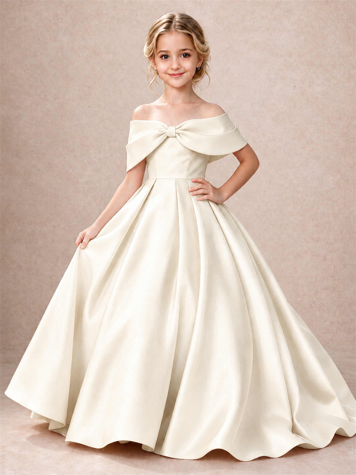 Off Shoulder Satin Flower Girl Dress Bow Detail Ball Gown for Wedding Pageant