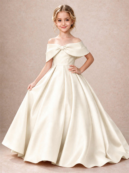 Off Shoulder Satin Flower Girl Dress Bow Detail Ball Gown for Wedding Pageant
